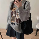 Getadme Women Thicken Warm Winter Kawaii Sweater Harajuku Polo Bear Jacquard Sweater O-neck Long Sleeve Jumper Pullover Hip Hop Y2K Tops