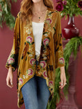 GETADME Women Velvet Jacket Floral Print Vintage Ethnic Casual Cardigans Top Long Sleeve Aysmmetric Hem Retro Outerwear Tops Autumn