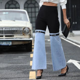 GETADME Women Vintage Aesthetic Y2k High Waist Jeans Chic Knitted Denim Patchwork Wide Leg Pants Trendy Street Long Denim Pants 2025
