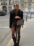 Getadme Women Vintage Brown Faux Fur Jacket Chic Lapel Long Sleeve Button Belt Short Coat 2025 Autumn New Female High Street Outerwear