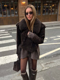 Getadme Women Vintage Brown Faux Fur Jacket Chic Lapel Long Sleeve Button Belt Short Coat 2025 Autumn New Female High Street Outerwear