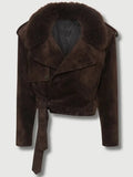 Getadme Women Vintage Brown Faux Fur Jacket Chic Lapel Long Sleeve Button Belt Short Coat 2025 Autumn New Female High Street Outerwear