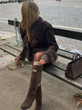 Getadme Women Vintage Brown Faux Fur Jacket Chic Lapel Long Sleeve Button Belt Short Coat 2025 Autumn New Female High Street Outerwear