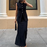 GETADME Women Vintage Matching Set 2 Piece Knitted Button Up Sleeveless Long Tank Top Vest + Maxi Split Maxi Skirt Elegant Lady Outfits