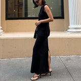 GETADME Women Vintage Matching Set 2 Piece Knitted Button Up Sleeveless Long Tank Top Vest + Maxi Split Maxi Skirt Elegant Lady Outfits