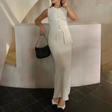 GETADME Women Vintage Matching Set 2 Piece Knitted Button Up Sleeveless Long Tank Top Vest + Maxi Split Maxi Skirt Elegant Lady Outfits