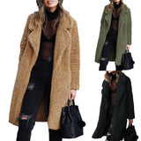 GETADME Women Winter Thicken Plush Lapel Solid Color Long Sleeve Warm Cardigan Wool Midi Coat Velvet Long Coat Fashion Ladies Clothes