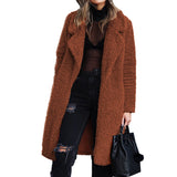GETADME Women Winter Thicken Plush Lapel Solid Color Long Sleeve Warm Cardigan Wool Midi Coat Velvet Long Coat Fashion Ladies Clothes