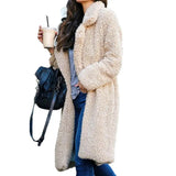 GETADME Women Winter Thicken Plush Lapel Solid Color Long Sleeve Warm Cardigan Wool Midi Coat Velvet Long Coat Fashion Ladies Clothes