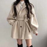 GETADME Women Woolen Coat Autumn Winter Elegant Korean Solid Thick Warm Mid Length Lapel Belt Jacket Office Lady Slim Trendy Outwear