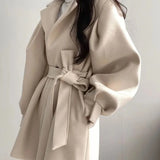 GETADME Women Woolen Coat Autumn Winter Elegant Korean Solid Thick Warm Mid Length Lapel Belt Jacket Office Lady Slim Trendy Outwear