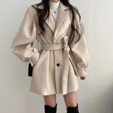 GETADME Women Woolen Coat Autumn Winter Elegant Korean Solid Thick Warm Mid Length Lapel Belt Jacket Office Lady Slim Trendy Outwear
