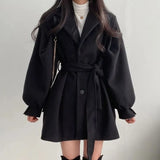 GETADME Women Woolen Coat Autumn Winter Elegant Korean Solid Thick Warm Mid Length Lapel Belt Jacket Office Lady Slim Trendy Outwear