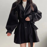 GETADME Women Woolen Coat Autumn Winter Elegant Korean Solid Thick Warm Mid Length Lapel Belt Jacket Office Lady Slim Trendy Outwear