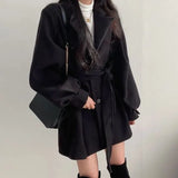 GETADME Women Woolen Coat Autumn Winter Elegant Korean Solid Thick Warm Mid Length Lapel Belt Jacket Office Lady Slim Trendy Outwear