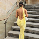GETADME Women's 3D Flower Backless Maxi Dress, Halter Neck, Ruched Bodycon, Long Dresses, Elegant Gown, Party Club, Evening Outfit