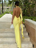 GETADME Women's 3D Flower Backless Maxi Dress, Halter Neck, Ruched Bodycon, Long Dresses, Elegant Gown, Party Club, Evening Outfit