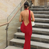 GETADME Women's 3D Flower Backless Maxi Dress, Halter Neck, Ruched Bodycon, Long Dresses, Elegant Gown, Party Club, Evening Outfit