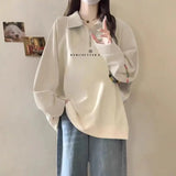 GETADME 여성 가을 ​​겨울 신상품 폴로 칼라 풀오버 트렌디 패션 레터 반 지퍼 패널 플리스 따뜻하고 다재다능한 긴팔 상의