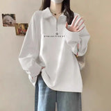 GETADME 여성 가을 ​​겨울 신상품 폴로 칼라 풀오버 트렌디 패션 레터 반 지퍼 패널 플리스 따뜻하고 다재다능한 긴팔 상의