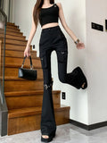 GETADME Women's Black Cargo Flare Pants Y2k Retro Emo 2000s Streetwear Fashion Baggy Trouser Harajuku Wide Pants 90s Gothic Clothes 2025