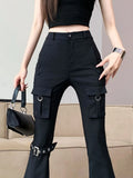 GETADME Women's Black Cargo Flare Pants Y2k Retro Emo 2000s Streetwear Fashion Baggy Trouser Harajuku Wide Pants 90s Gothic Clothes 2025