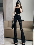 GETADME Women's Black Cargo Flare Pants Y2k Retro Emo 2000s Streetwear Fashion Baggy Trouser Harajuku Wide Pants 90s Gothic Clothes 2025