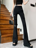 GETADME Women's Black Cargo Flare Pants Y2k Retro Emo 2000s Streetwear Fashion Baggy Trouser Harajuku Wide Pants 90s Gothic Clothes 2025