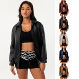 GETADME Women's Bomber Jacket 2025 New Spring Autumn Women's Leather Jacket Female Oversize Jacket Long Sleeved Lapel Casual Coats