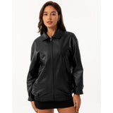 GETADME Women's Bomber Jacket 2025 New Spring Autumn Women's Leather Jacket Female Oversize Jacket Long Sleeved Lapel Casual Coats