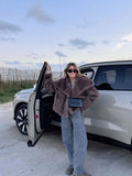 GETADME Women's Brown Long Sleeved Buttons Faux Fur Coat Winter Thick Warm Fury Turn-down Jacket Female High Street Outerwear 2025
