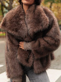 GETADME Women's Brown Long Sleeved Buttons Faux Fur Coat Winter Thick Warm Fury Turn-down Jacket Female High Street Outerwear 2025