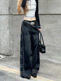 GETADME Women's Dark Blue Jeans Y2K Splicing Harajuku High Street Streetwear 2000s Style Wide Leg Retro 90s Pants Jeans 2025 Clothing