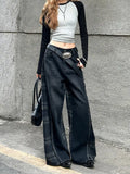 GETADME Women's Dark Blue Jeans Y2K Splicing Harajuku High Street Streetwear 2000s Style Wide Leg Retro 90s Pants Jeans 2025 Clothing