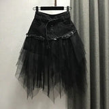 GETADME Women's Denim Gauze Patchwork Mini Skirt 2025
