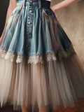 Getadme Women's Denim Skirt High Waist Denim Lace Tulle Patchwork A-Line Ruffled Tulle Pleated Midi Skirt 2025 Summer Y2k Fashion Skirt