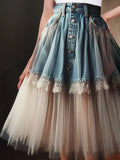 Getadme Women's Denim Skirt High Waist Denim Lace Tulle Patchwork A-Line Ruffled Tulle Pleated Midi Skirt 2025 Summer Y2k Fashion Skirt