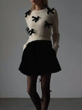 GETADME Women's Elegant 3d Bow Slim Cropped Pollover Sweaters Fashion O Neck Long Sleeves Knitted Tops 2024 Autumn Lady New Chic Jumpers