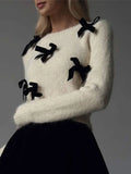 GETADME Women's Elegant 3d Bow Slim Cropped Pollover Sweaters Fashion O Neck Long Sleeves Knitted Tops 2024 Autumn Lady New Chic Jumpers