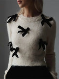 GETADME Women's Elegant 3d Bow Slim Cropped Pollover Sweaters Fashion O Neck Long Sleeves Knitted Tops 2024 Autumn Lady New Chic Jumpers
