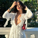 Getadme 여성용 고급 드레스, V넥, 러플, 옆선, 소매, 레이스업, 유럽 및 미국, 세련된 기질, 새로운 여름