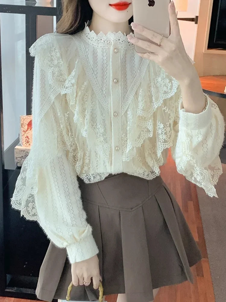 GETADME Women's Lace Shirts Blouses Y2k Vintage Aesthetic Harajuku 2000s Elegant Fashion Solid Color Long Sleeve Shirt Top Clothes 2025