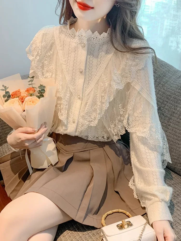 GETADME Women's Lace Shirts Blouses Y2k Vintage Aesthetic Harajuku 2000s Elegant Fashion Solid Color Long Sleeve Shirt Top Clothes 2025
