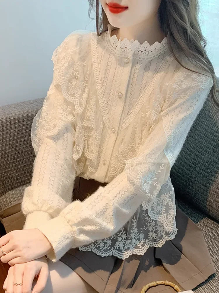 GETADME Women's Lace Shirts Blouses Y2k Vintage Aesthetic Harajuku 2000s Elegant Fashion Solid Color Long Sleeve Shirt Top Clothes 2025