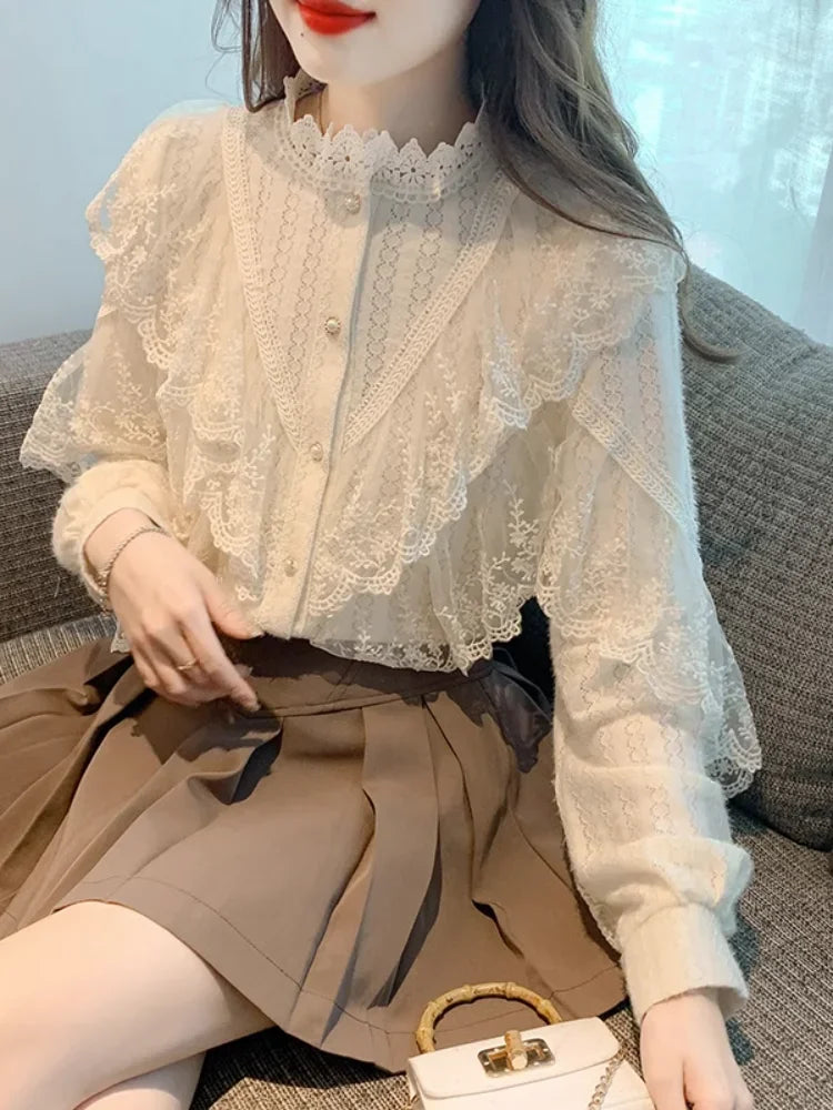 GETADME Women's Lace Shirts Blouses Y2k Vintage Aesthetic Harajuku 2000s Elegant Fashion Solid Color Long Sleeve Shirt Top Clothes 2025