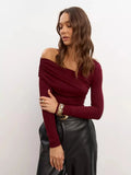 GETADME Top de soirée asymétrique à découpe et drapé pour femme, haut à manches longues uni style années 2000, débardeur sexy
