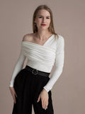 GETADME Top de soirée asymétrique à découpe et drapé pour femme, haut à manches longues uni style années 2000, débardeur sexy