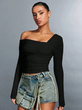 GETADME Top de soirée asymétrique à découpe et drapé pour femme, haut à manches longues uni style années 2000, débardeur sexy
