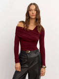 GETADME Top de soirée asymétrique à découpe et drapé pour femme, haut à manches longues uni style années 2000, débardeur sexy