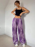 GETADME 여성용 파자마 바지 스트레이트 레그 퍼플 레오파드 슬리밍 루즈핏 컬러 블로킹 파자마 바지 여성 의류